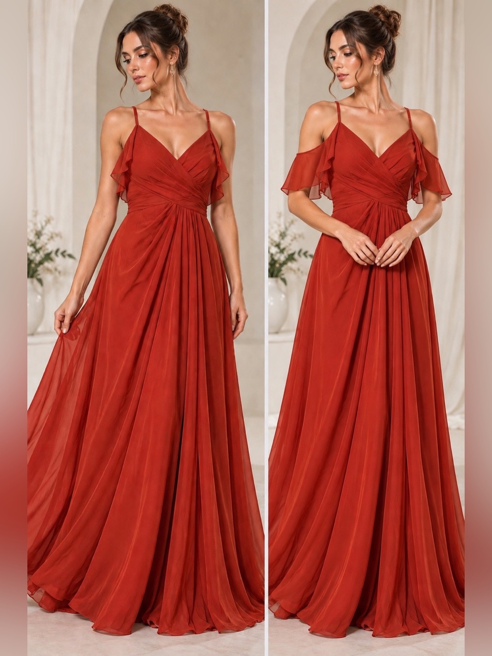 NWT Rust Orange Chiffon Maxi Dress Flutter Panels Ruched Formal Gown